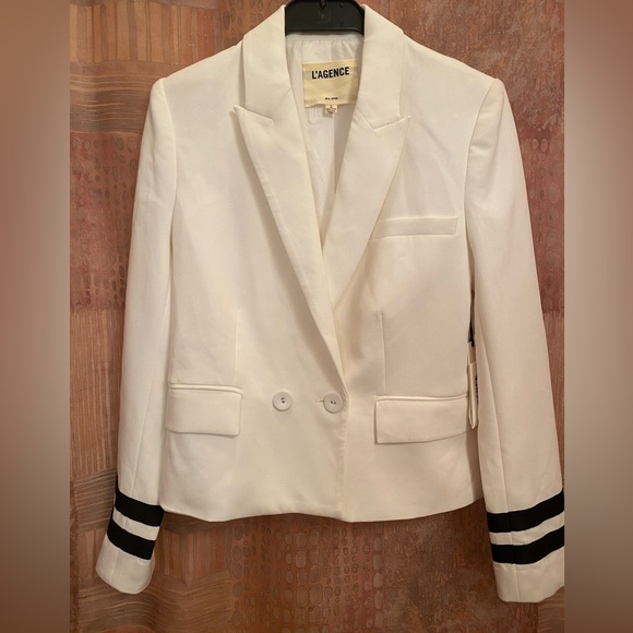 L’AGENCE Marine White Nautical Cropped Blazer Jacket with Striped Sleeves US2 - Picture 6 of 14